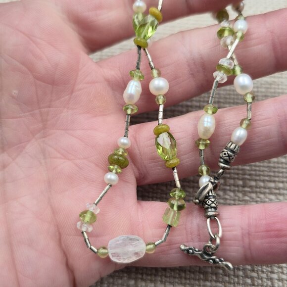16 Inch Sterling Silver Pearls Peridot Quarts Stone Necklace B881 - Picture 3 of 6